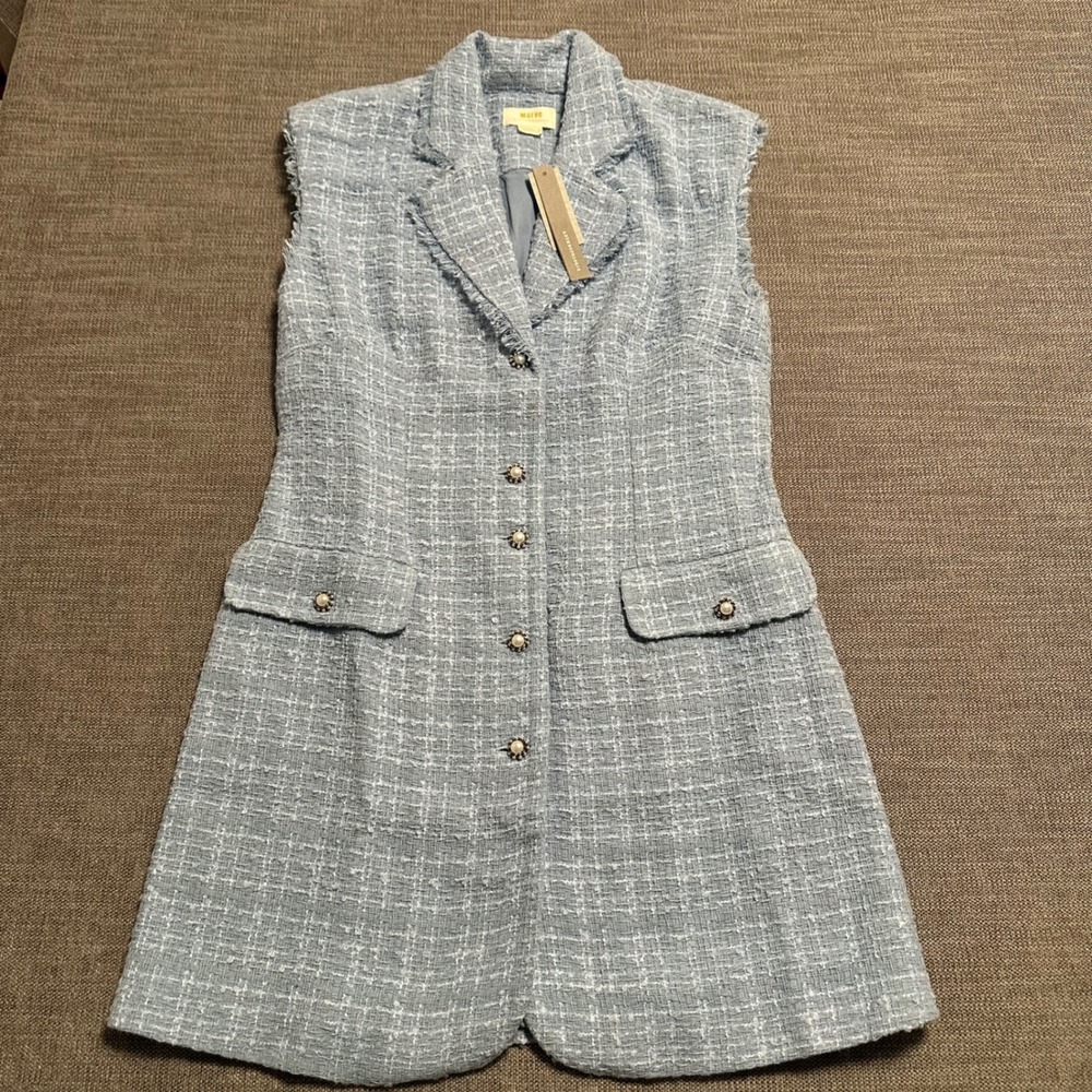 Maeve Anthropologie Sleeveless Tweed Blazer Vest 6P Blue NWT Frayed Pearl Button